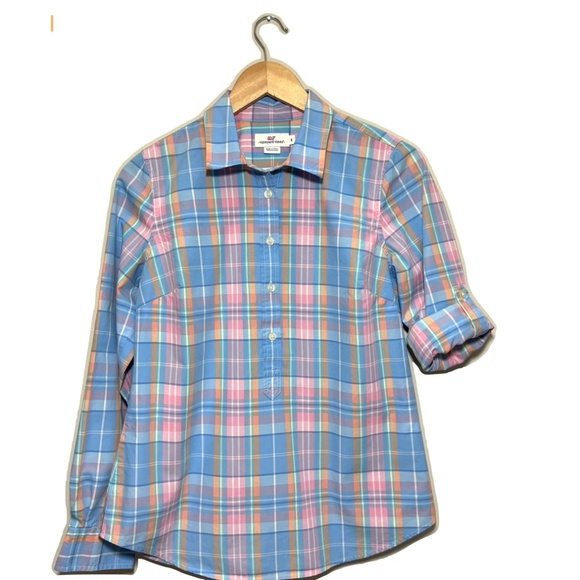 Vineyard Vines Women's Blue Pink Plaid 3/4 Button Popover Top Long Sleeve Size 6 - Picture 2 of 8